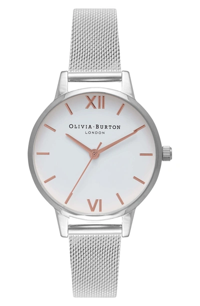 Shop Olivia Burton Mesh Strap Watch, 30mm In Silver/ White/ Rose Gold