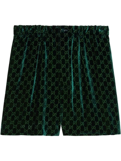 Shop Gucci Gg Logo-print Velvet Shorts In Green