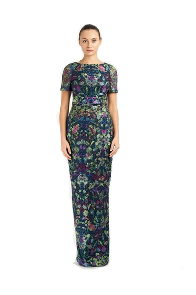 Shop Marchesa Notte Short Sleeve Embroidered Guipure Column Gown In Multicolor