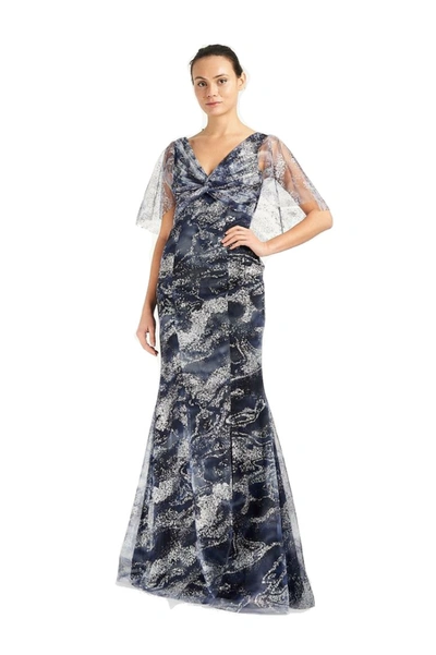 Shop Marchesa Notte Cape Sleeve V-neck Glitter Tulle Gown In Blue
