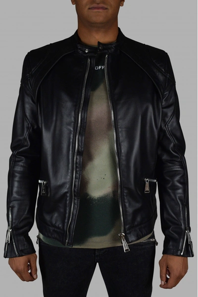 Shop Philipp Plein Men's Luxury Jacket    Biker Jacket In Black Leather With Inserts