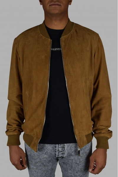Shop Billionaire Men's Luxury Jacket    Bomber Jacket In Camel Suede In #c19a6b