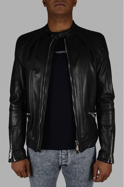 Shop Philipp Plein Men's Luxury Jacket    Biker Jacket In Black Leather With Stitching Details In Brown