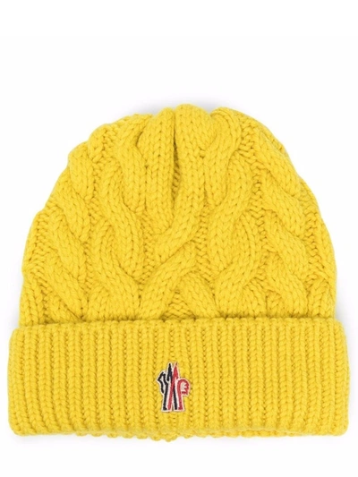 Shop Moncler Yellow Wool Cable-knit Beanie