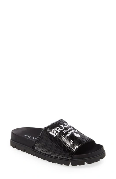 Prada Paillettes Sequin Logo Pool Sandals In Nerobianc | ModeSens