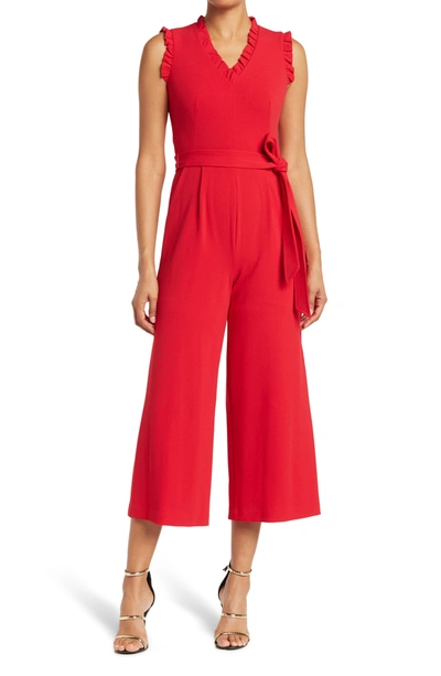 Calvin Klein Ruffle Shoulder V-neck Jumpsuit In Red | ModeSens