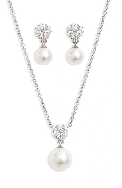 Nadri Camila Cubic Zirconia And Imitation Pearl Necklace & Earrings Set In Rhodium