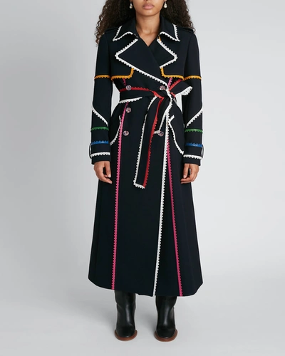 Shop Chloé Double-breasted Belted Trench W/ Scalloped Leather Ribbons In Ink Navy