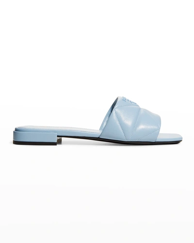 Shop Prada Quilted Lambskin Logo Flat Sandals In Celeste
