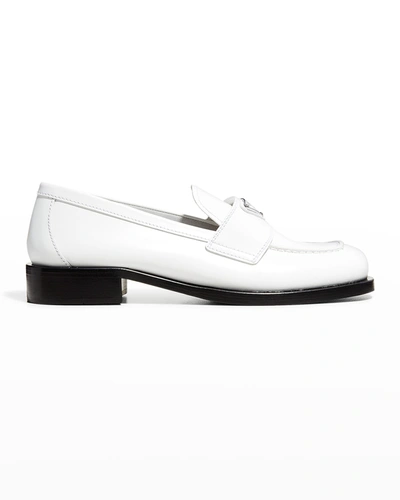 Shop Prada Calfskin Logo Flat Loafers In Bianco