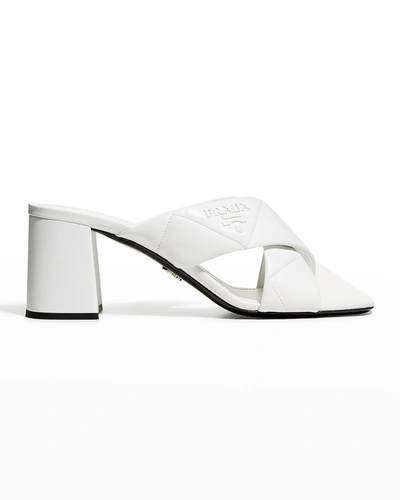 Shop Prada Quilted Lambskin Crisscross Slide Sandals In Bianco 1
