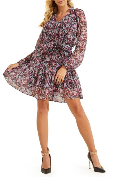 Guess Veronica Sheer Floral-print Dress In Purple Multi | ModeSens
