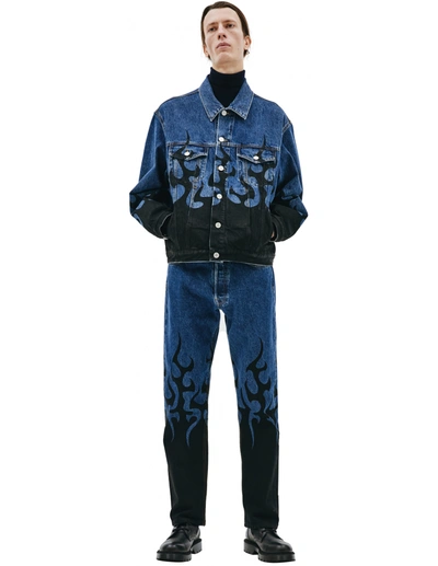 Shop Vetements Flame Print Denim Jacket In Navy Blue