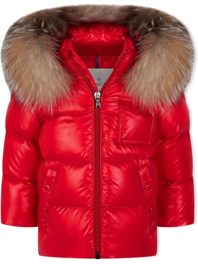 Shop Moncler Faux Fur-trimmed Hooded Coat In Red