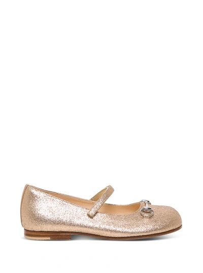 Shop Gucci Glitter Flat Shoes With Horsebit Detail In (sable/bright Gold)