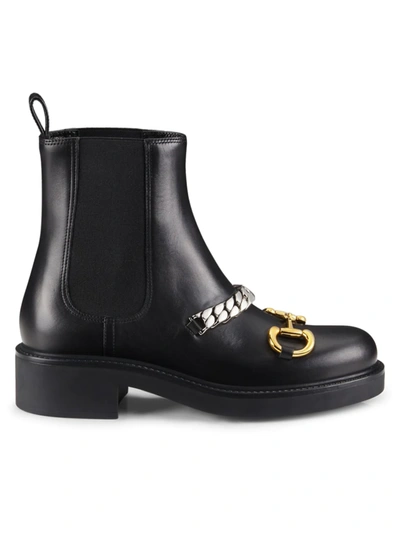 Shop Gucci Women's Horsebit & Chain Leather Chelsea Boots In Black