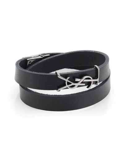 Shop Saint Laurent Women's Opyum Leather Double Wrap Bracelet In Nero