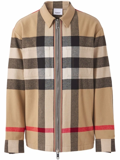 Shop Burberry Check Wool-cotton Zip-front Shirt In 褐色