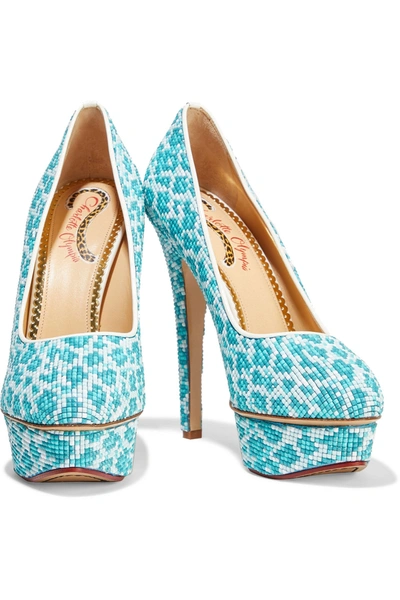Shop Charlotte Olympia Beaded Woven Platform Pumps In Turquoise