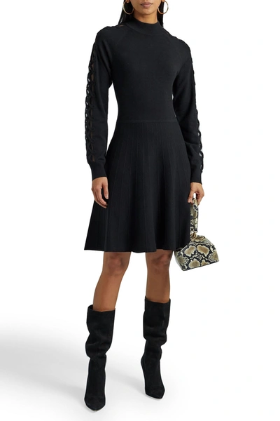 Shop Lela Rose Appliquéd Tulle-trimmed Wool And Silk-blend Mini Dress In Black