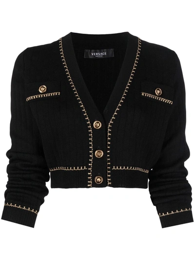 Shop Versace Logo-button Cropped Cardigan In Black