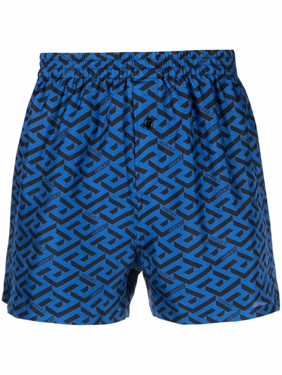 Shop Versace Geometric-print Silk Boxers In Blue