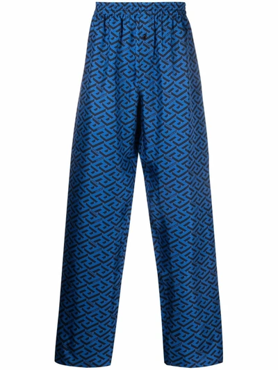 Shop Versace Geometric-print Cotton Pajama Trousers In Blue ,black