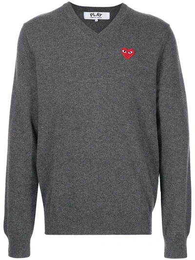 Comme Des Garçons Play V-neck Knitted Heart Jumper In Grey