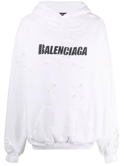 Shop Balenciaga Destroyed Logo Hoodie In Weiss