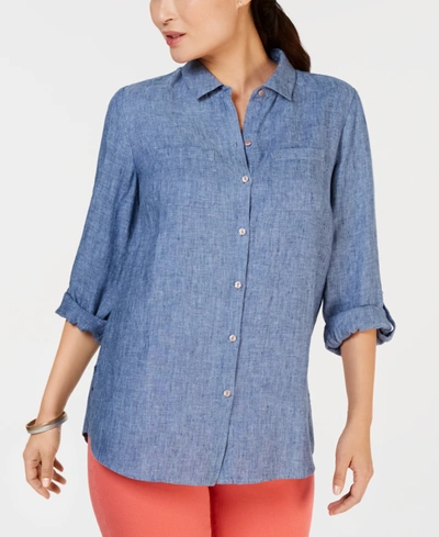 Shop Charter Club Women's 100% Linen Shirt, Created For Macy's In Blue Ocean