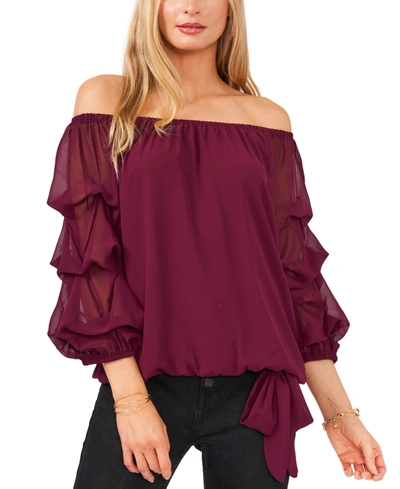 Shop Vince Camuto Off-the-shoulder Tiered Bubble-sleeve Top In Mulberry