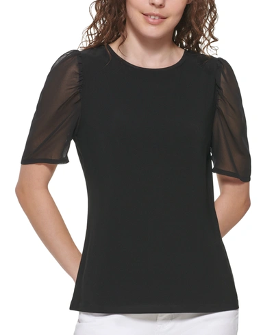 Shop Dkny Mixed-media Puff-sleeve Top In Black