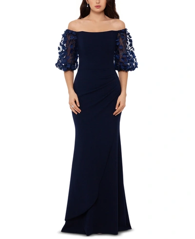 Shop Xscape Petite Off-the-shoulder Balloon-sleeve Mermaid Gown In Navy Blue