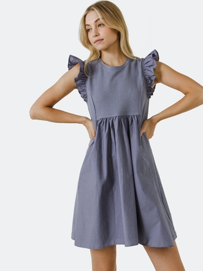 Shop English Factory Knit Poplin Mixed Dress In Dusty Blue