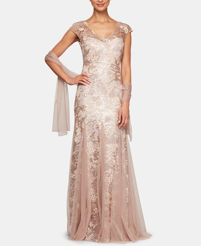 Shop Alex Evenings Petite Sequined Embroidered Gown & Shawl In Rose Gold