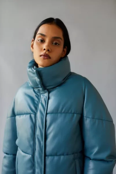 Shop Apparis Jemma Vegan Leather Puffer Jacket In Blue