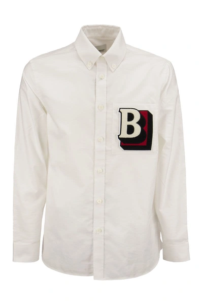 Shop Burberry Cotton Oxford Shirt With Letter 'b'. In White