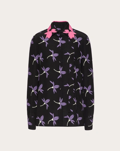 Shop Valentino Printed Crepe De Chine Shirt In Black/lilac