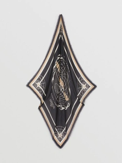 Shop Burberry Globe Graphic Wool Silk Square Scarf In Black