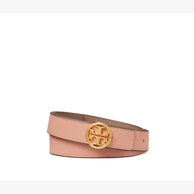 Shop Tory Burch 1" Reversible Double T Belt In Pink Moon / Clam Shell / Gold