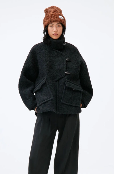 Shop Ganni Long Sleeve Boucle Wool Shoulder Jacket In Black