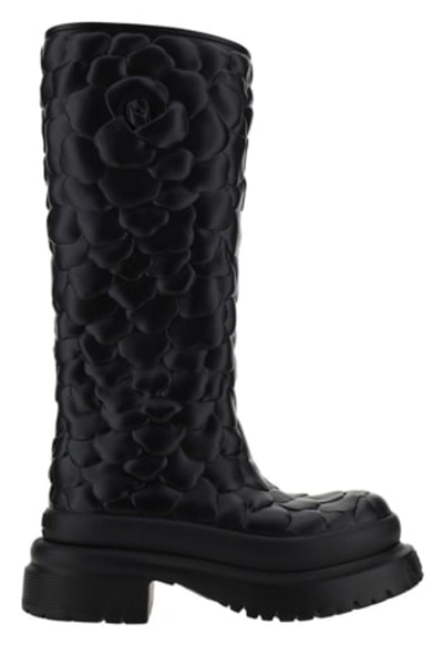 Shop Valentino Atelier Floral Appliqué Rain Boots In Black