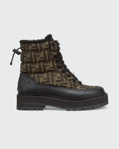 Shop Fendi Ff Jacquard Shearling Lace-up Booties In Ner Ner Tabnero