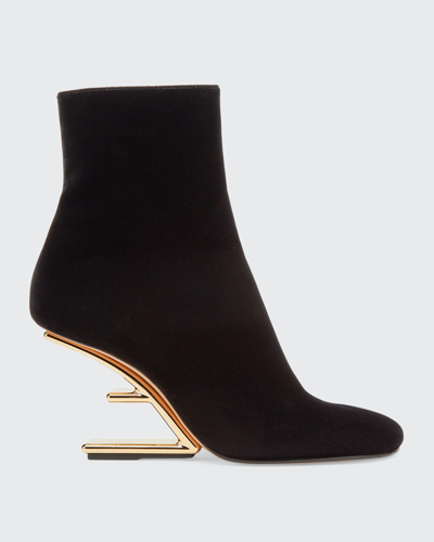 Shop Fendi Velvet F-heel Ankle Booties In Nero