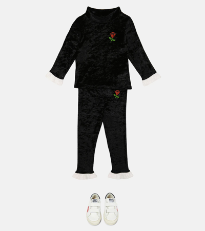 Mini Rodini Embroidered High-neck Velour Top In Black