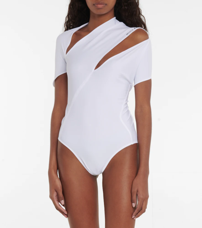 Shop Mugler Logo-printed Cutout Bodysuit In White