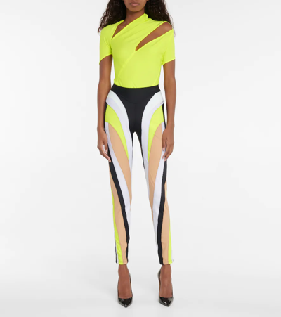 Shop Mugler Logo-printed Cutout Bodysuit In Neon Yellow