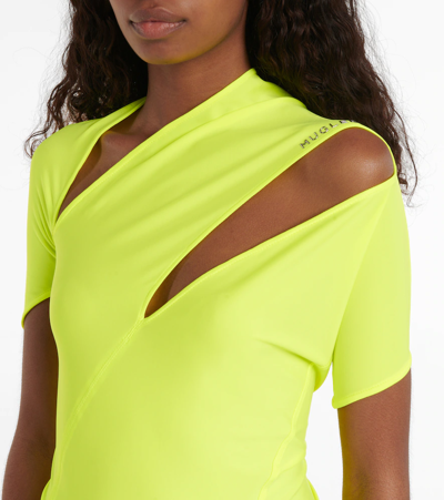 Shop Mugler Logo-printed Cutout Bodysuit In Neon Yellow