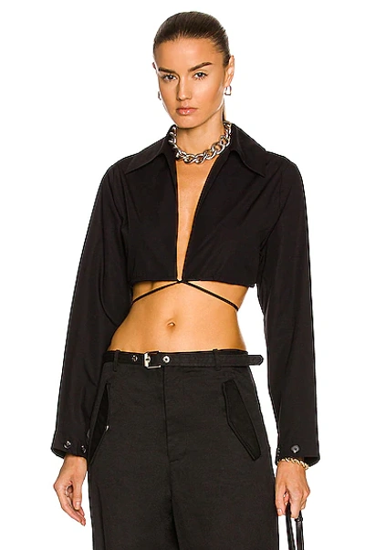 Shop Matthew Bruch Long Sleeve Spread Collar Crop Top In Black