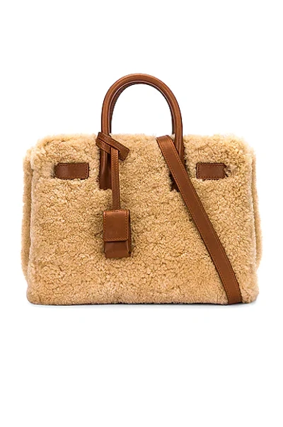 Shop Saint Laurent Nano Sac De Jour Shearling Bag In Natural Beige & Brick
